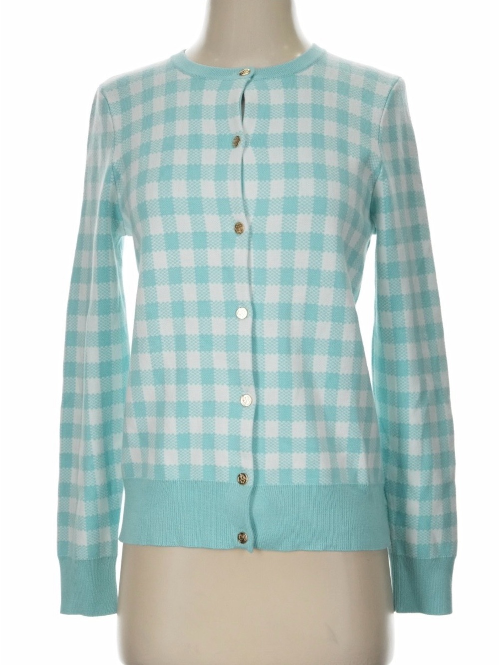 Turquoise Gingham Button up Cardigan Sz L Large NWT - Picture 2 of 11